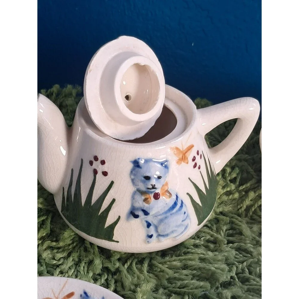 Antique 1920's Cat Tea Set Childs Majolica Tea Pot Saucers Sugar Ceramic